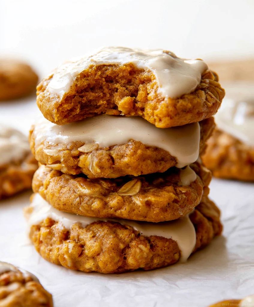 Stack of glazed brown butter pumpkin oatmeal cookies with a bite taken from the top cookie