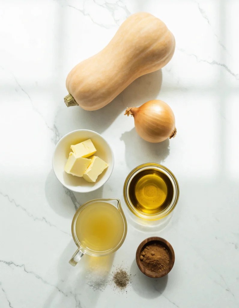 Butternut squash soup ingredients including squash, onion, butter, olive oil, broth, cinnamon, and seasonings.