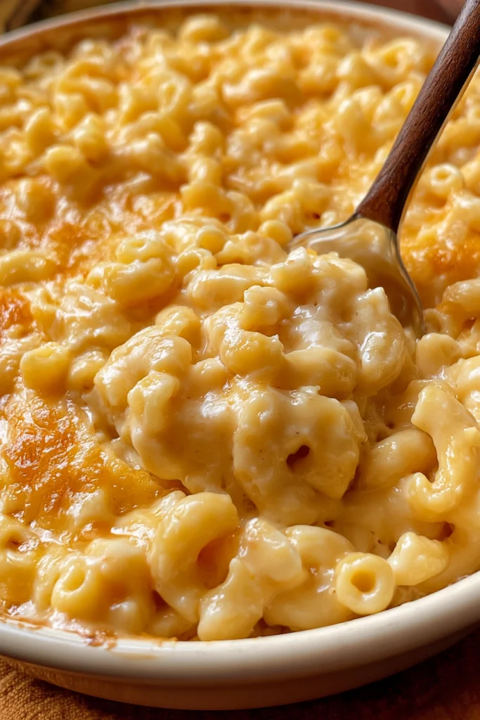Creamy cottage cheese mac and cheese served with a spoon