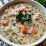 Creamy chicken and wild rice soup with carrots, celery, herbs, and tender chicken