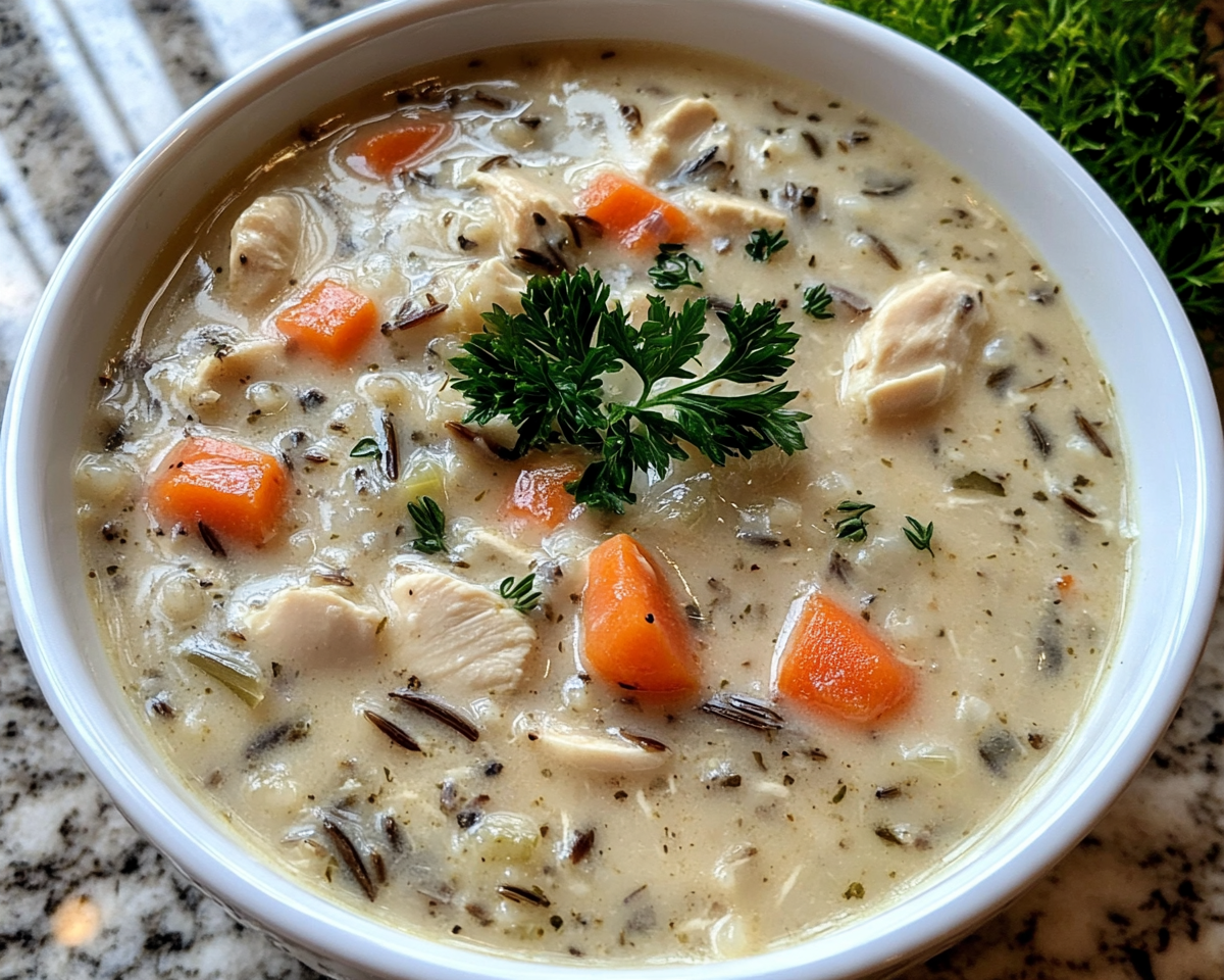 Creamy chicken and wild rice soup with carrots, celery, herbs, and tender chicken
