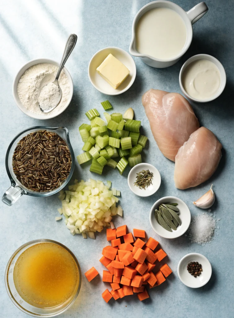 Ingredients for chicken and wild rice soup including chicken, wild rice, carrots, celery, onion, broth, butter, milk, cream, flour, garlic, and herbs
