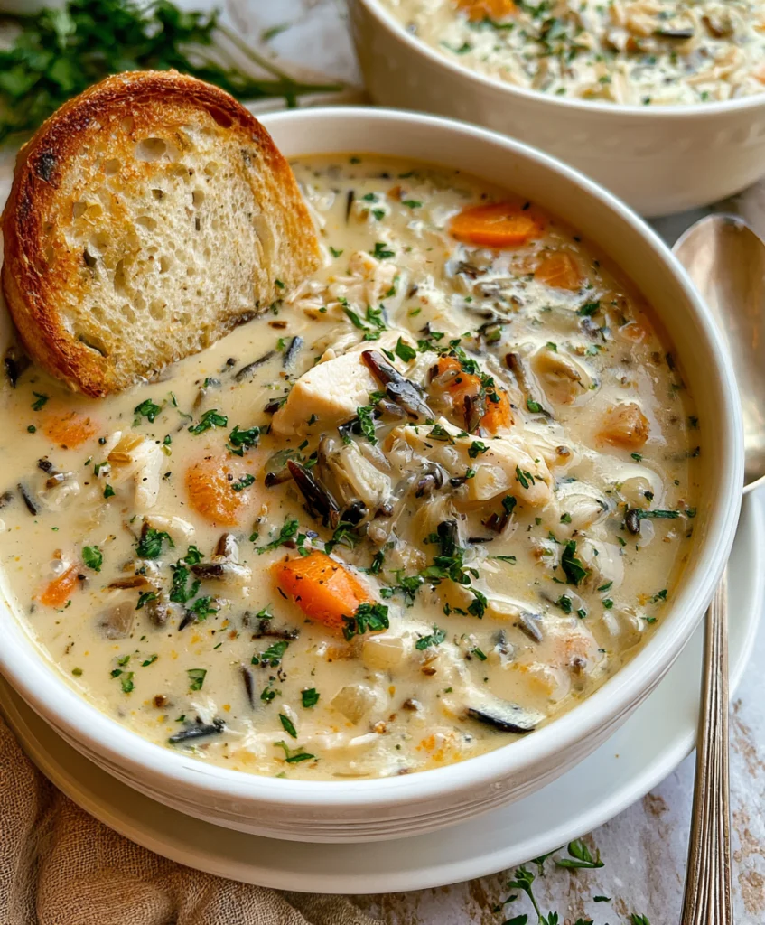 Creamy chicken and wild rice soup with carrots, tender chicken, herbs, and toasted bread