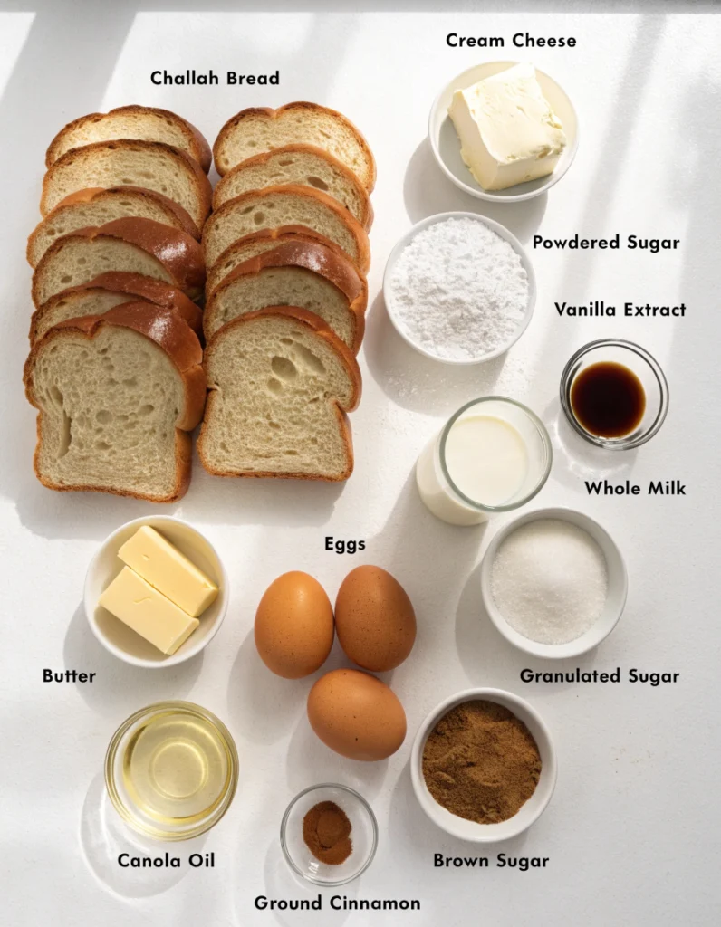 Ingredients for churro stuffed French toast arranged on a white table
