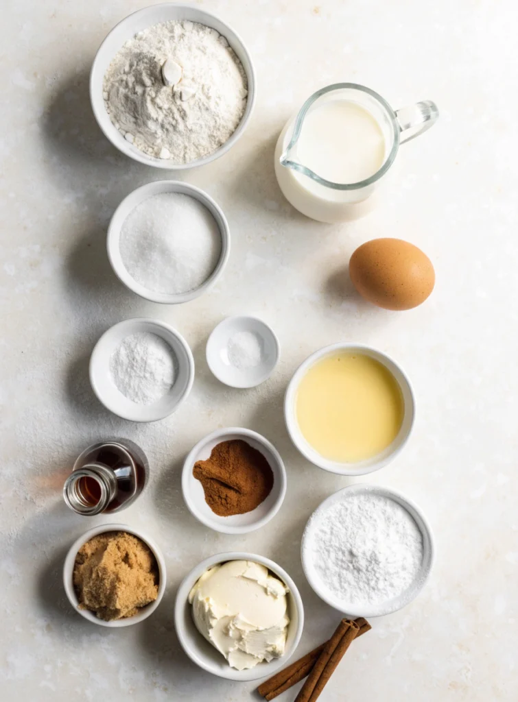 Ingredients for cinnamon roll pancakes arranged in bowls on a light countertop.