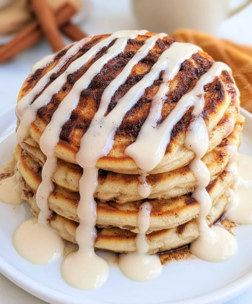 Stack of cinnamon roll pancakes with cinnamon swirls and cream cheese glaze.