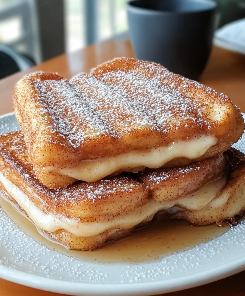 Churro stuffed French toast with cream cheese filling and cinnamon sugar