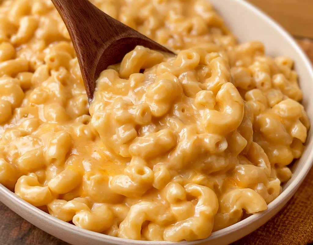 Creamy cottage cheese mac and cheese with a wooden spoon