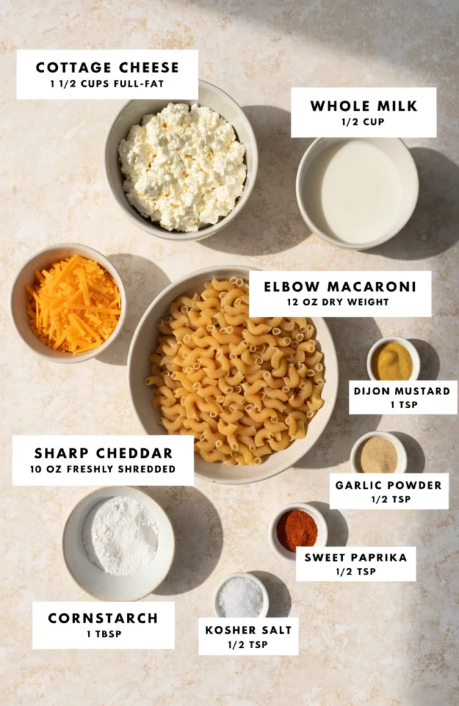 Ingredients for cottage cheese mac and cheese labeled with measurements