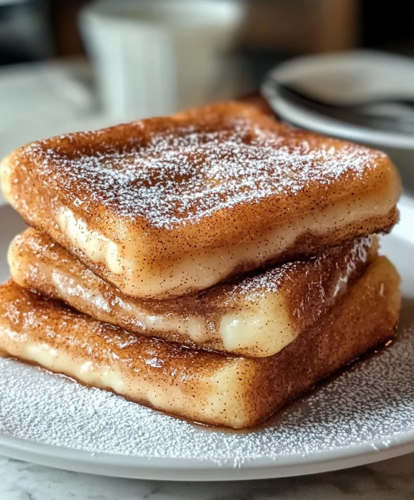 Stack of churro stuffed French toast with creamy filling and cinnamon sugar