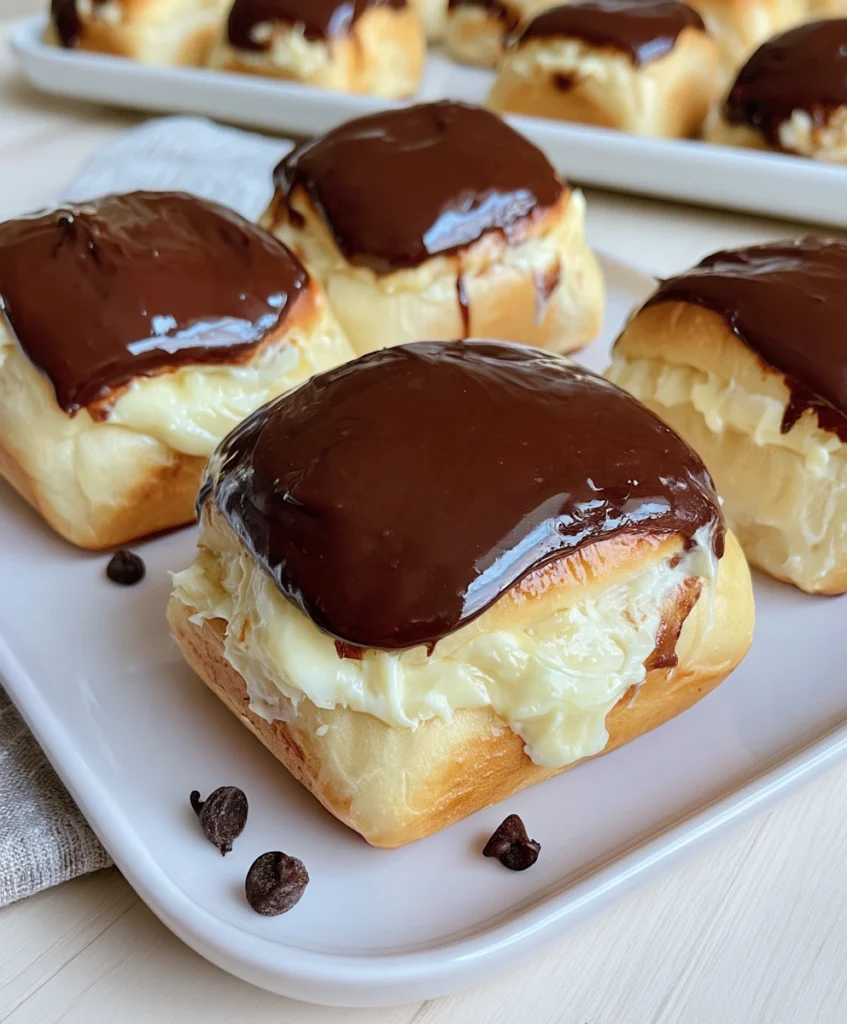 Boston Cream Pie Stuffed Hawaiian Rolls with creamy vanilla filling and glossy chocolate ganache