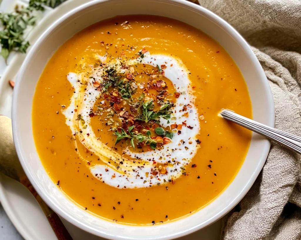 Creamy butternut squash soup in a white bowl, topped with a swirl of cream, herbs, and spices.