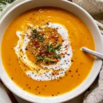 Creamy butternut squash soup in a white bowl, topped with a swirl of cream, herbs, and spices.