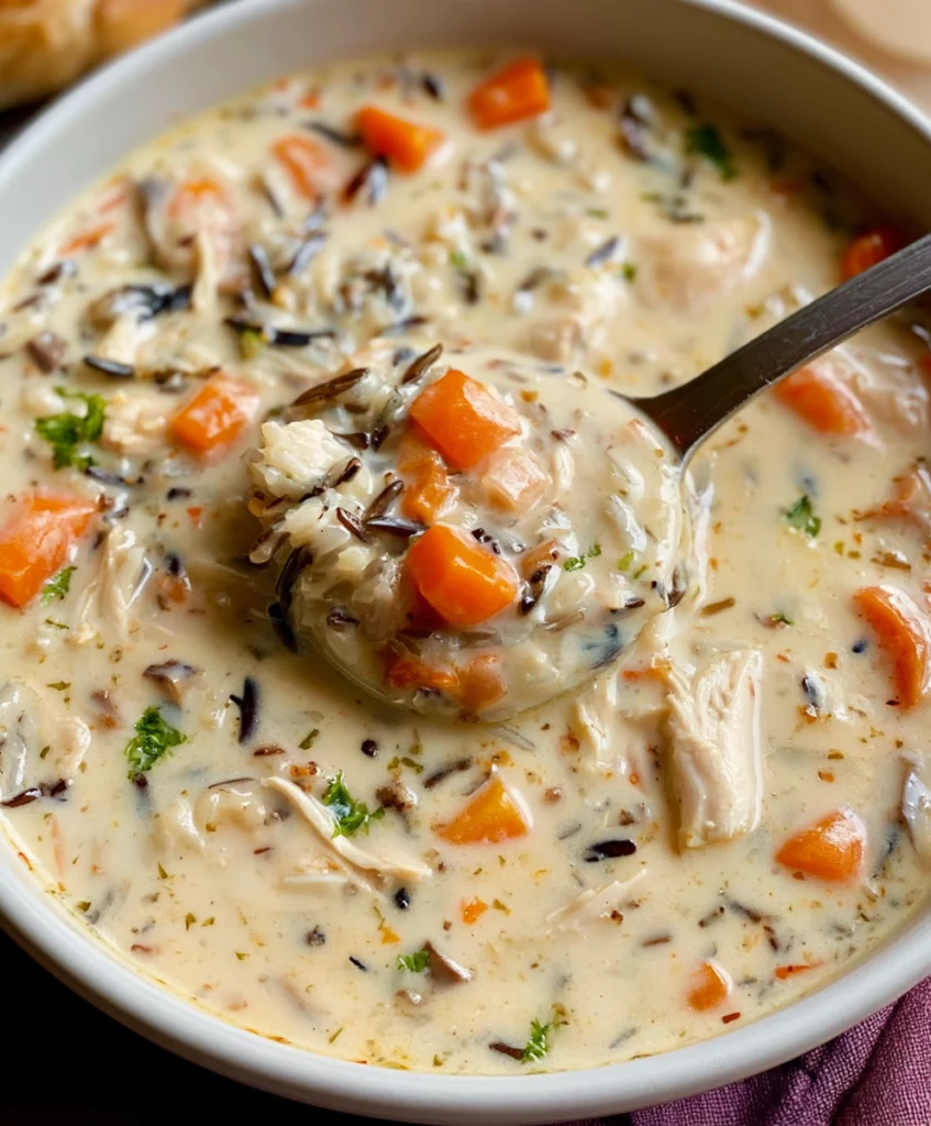 Creamy chicken and wild rice soup with shredded chicken, carrots, herbs, and wild rice