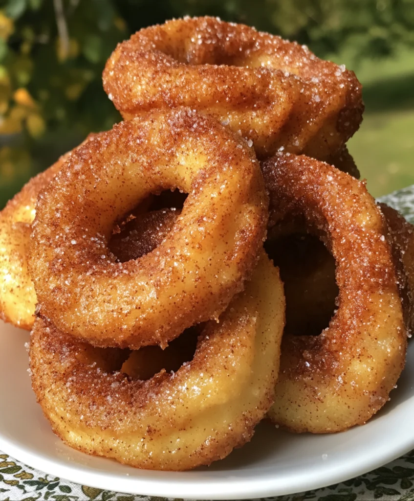 Crispy fried cinnamon apple rings coated in cinnamon sugar and stacked on a white plate.