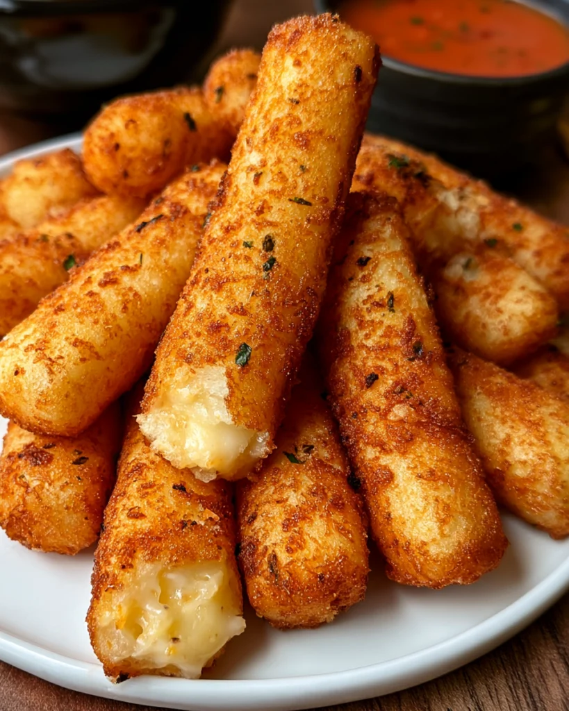 Crispy golden potato sticks with soft potato and melted mozzarella inside
