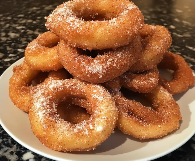 Golden fried cinnamon apple rings coated with cinnamon sugar and served on a plate.