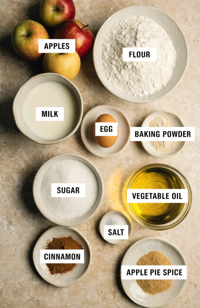 Ingredients for fried cinnamon apple rings including apples, flour, milk, egg, baking powder, sugar, cinnamon, vegetable oil, salt, and apple pie spice.
