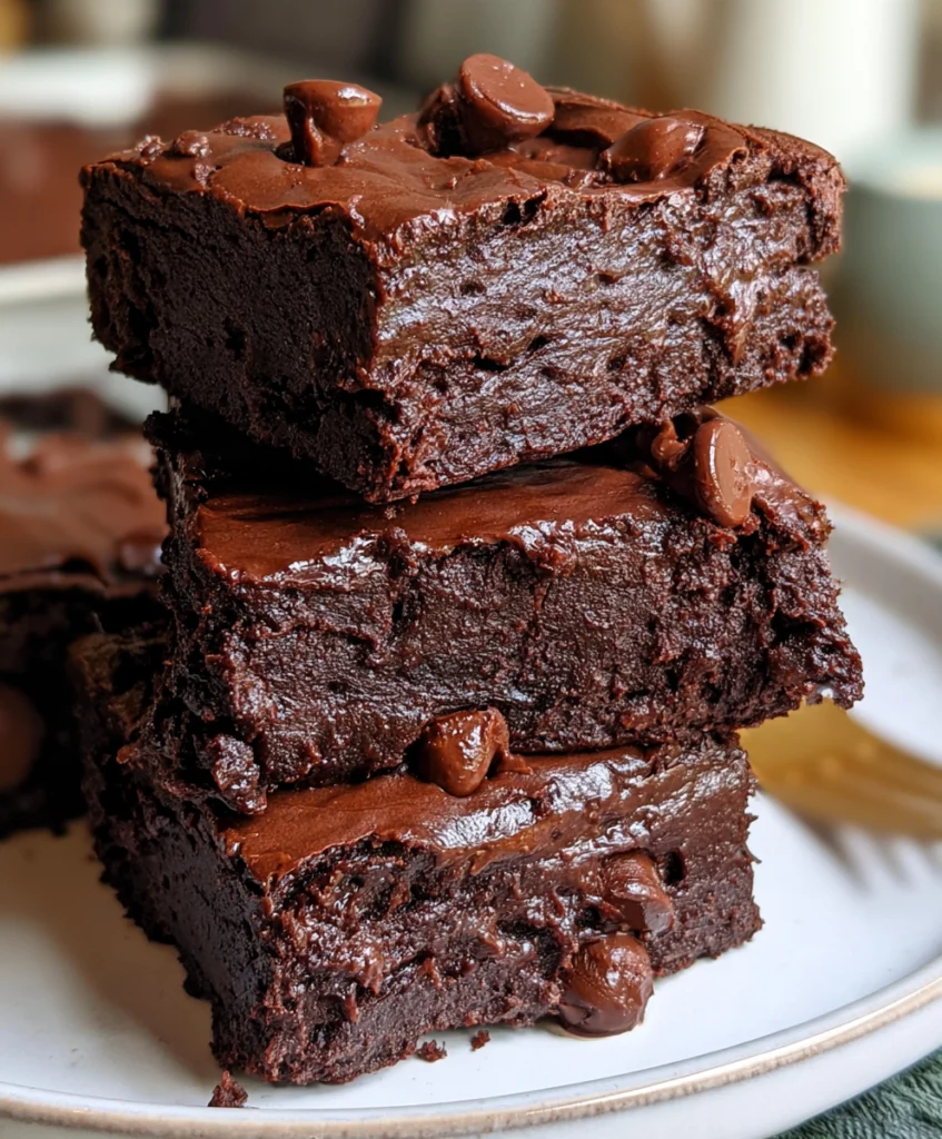 Fudgy Black Bean Brownies 2 Close-up of three thick, fudgy black bean brownies stacked on a white plate with melted chocolate chips.