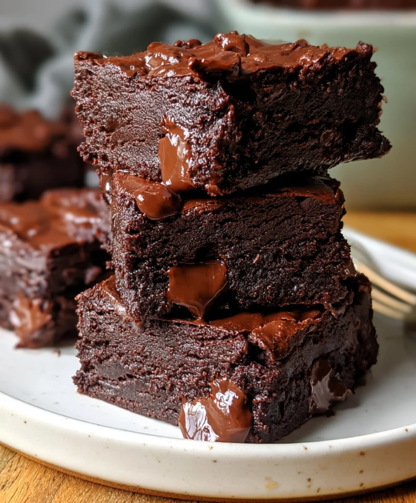 Fudgy Black Bean Brownies 7 Three fudgy black bean brownies stacked on a white plate with melted chocolate between the layers.