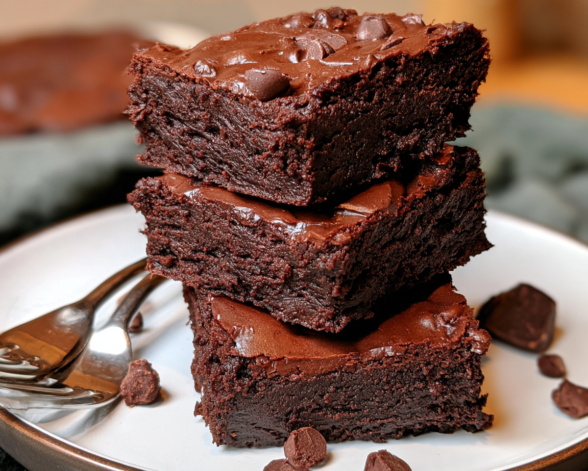 Fudgy Black Bean Brownies 8 Three thick, fudgy black bean brownies stacked on a white plate with chocolate chips.