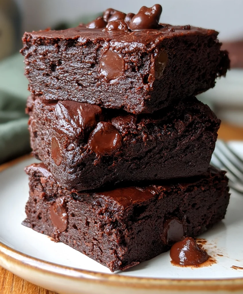 Fudgy Black Bean Brownies 6 Three stacked fudgy black bean brownies with dense chocolate centers and melted chocolate chips.