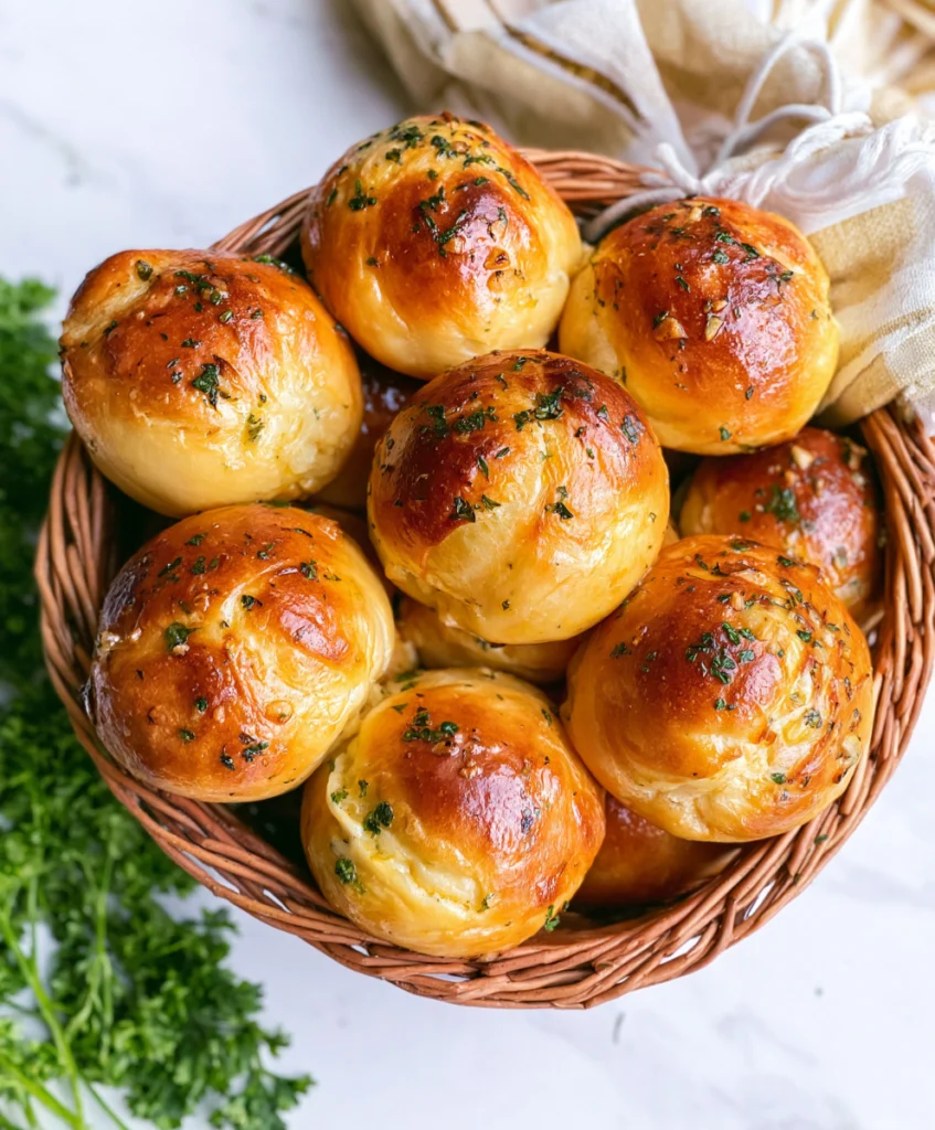 Golden garlic bread rolls brushed with garlic butter and parsley, served warm in a wicker basket.