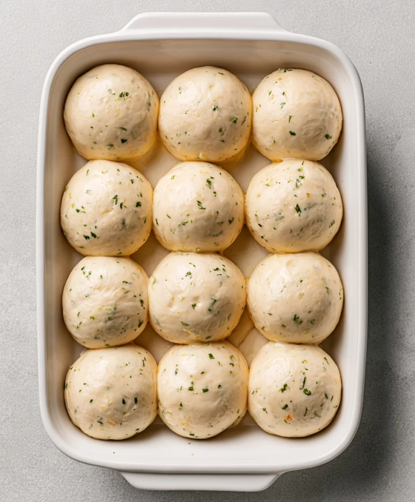 Twelve shaped garlic bread rolls with parsley arranged in a 9×13-inch baking dish before rising.
