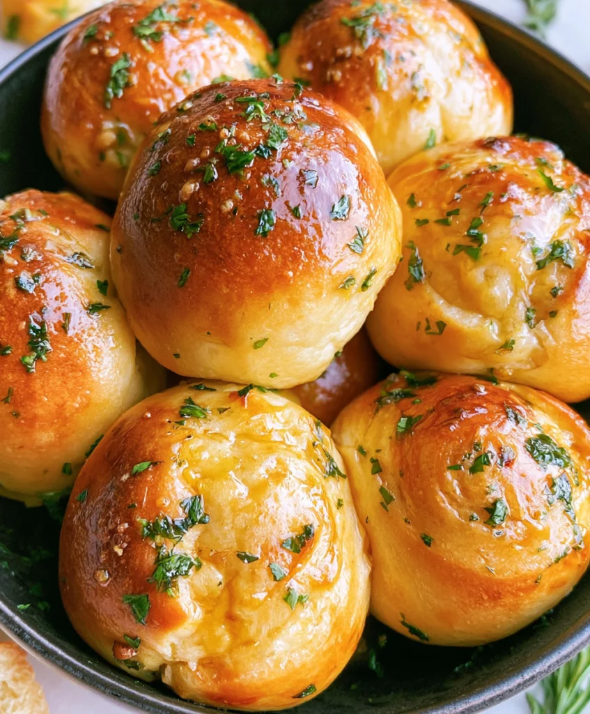 Close-up of golden garlic bread rolls brushed with garlic butter and topped with fresh parsley.
