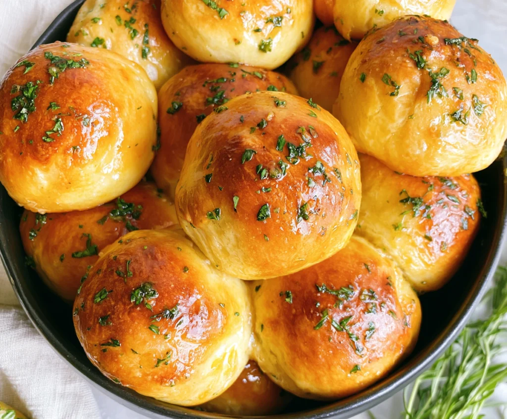 Golden garlic bread rolls brushed with garlic butter and topped with chopped fresh parsley.
