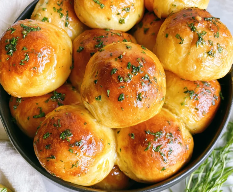 Golden garlic bread rolls brushed with garlic butter and topped with chopped fresh parsley.