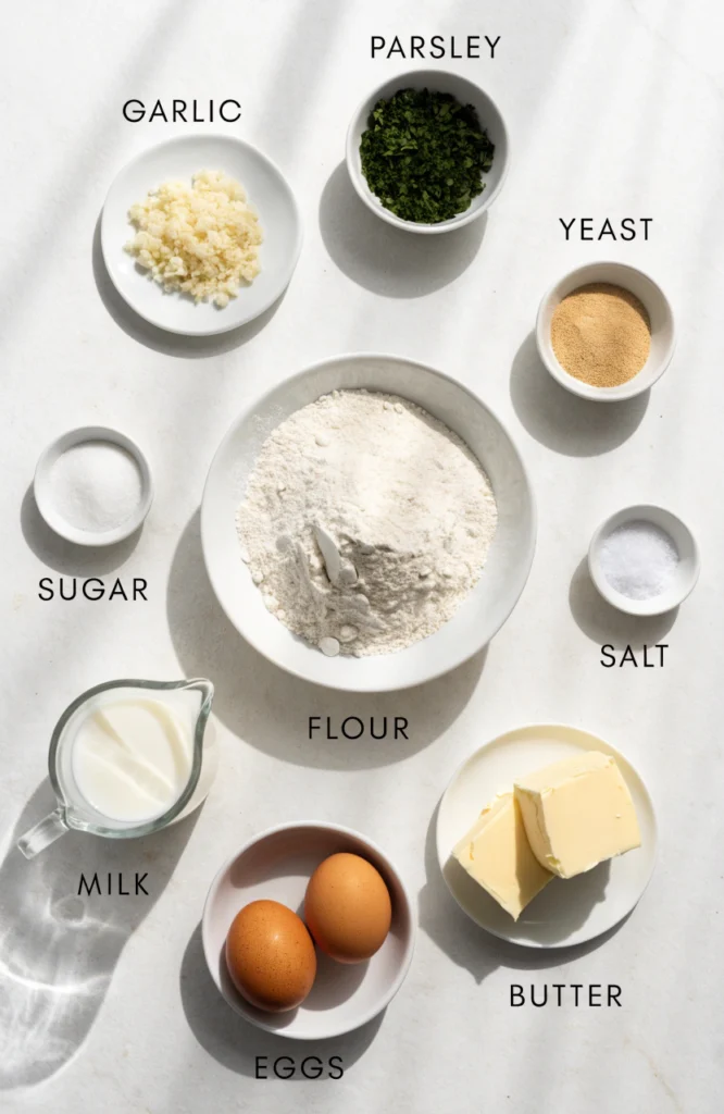 Ingredients for garlic bread rolls including flour, garlic, parsley, yeast, milk, eggs, sugar, salt, and butter.