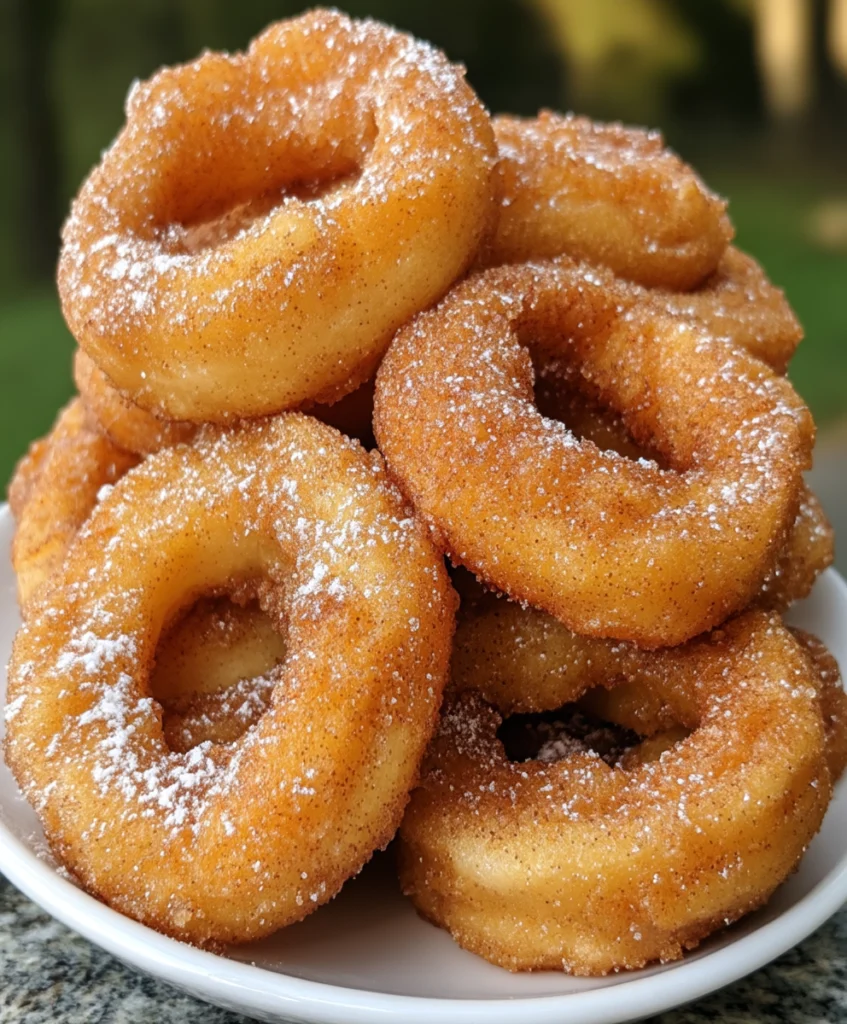 Golden fried cinnamon apple rings coated with cinnamon sugar and stacked on a white plate.