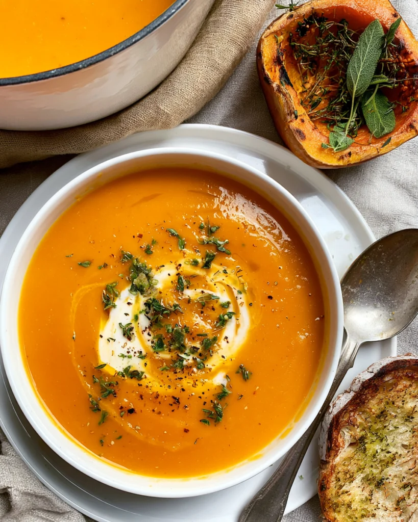 Homemade butternut squash soup topped with cream and herbs, served with crusty bread and roasted squash.