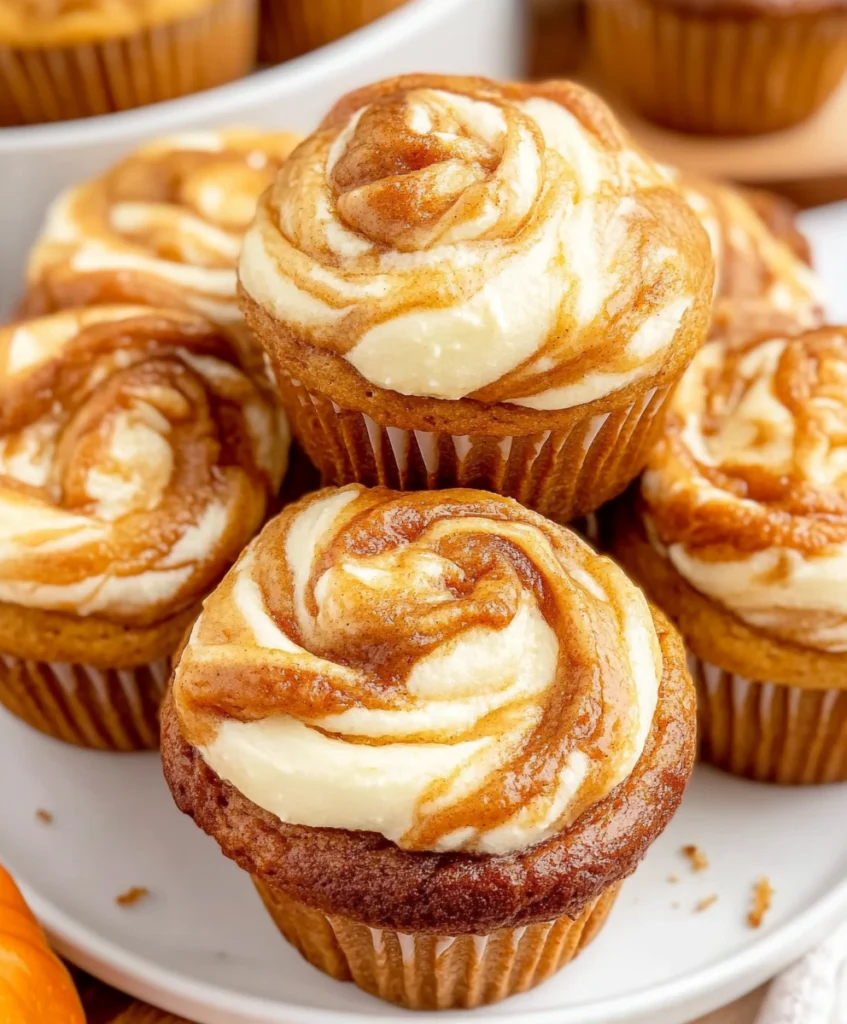 Homemade pumpkin cream cheese muffins with swirled tops