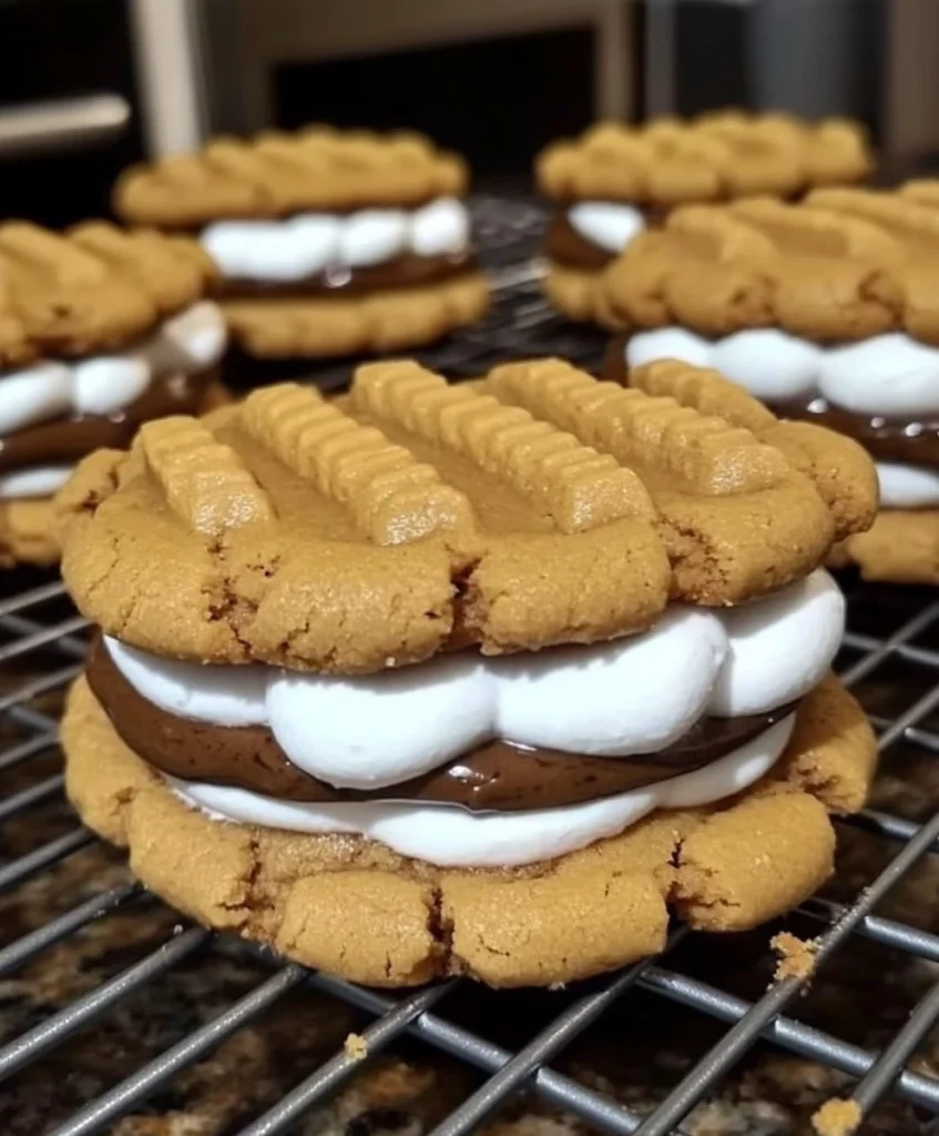 Peanut butter s’mores sandwich cookies with chocolate and marshmallow filling