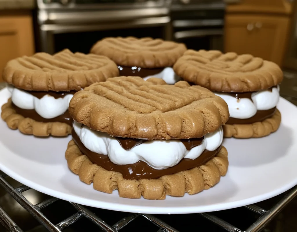 Peanut butter s’mores sandwich cookies filled with chocolate and marshmallow