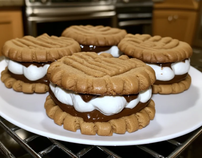 Peanut butter s’mores sandwich cookies filled with chocolate and marshmallow