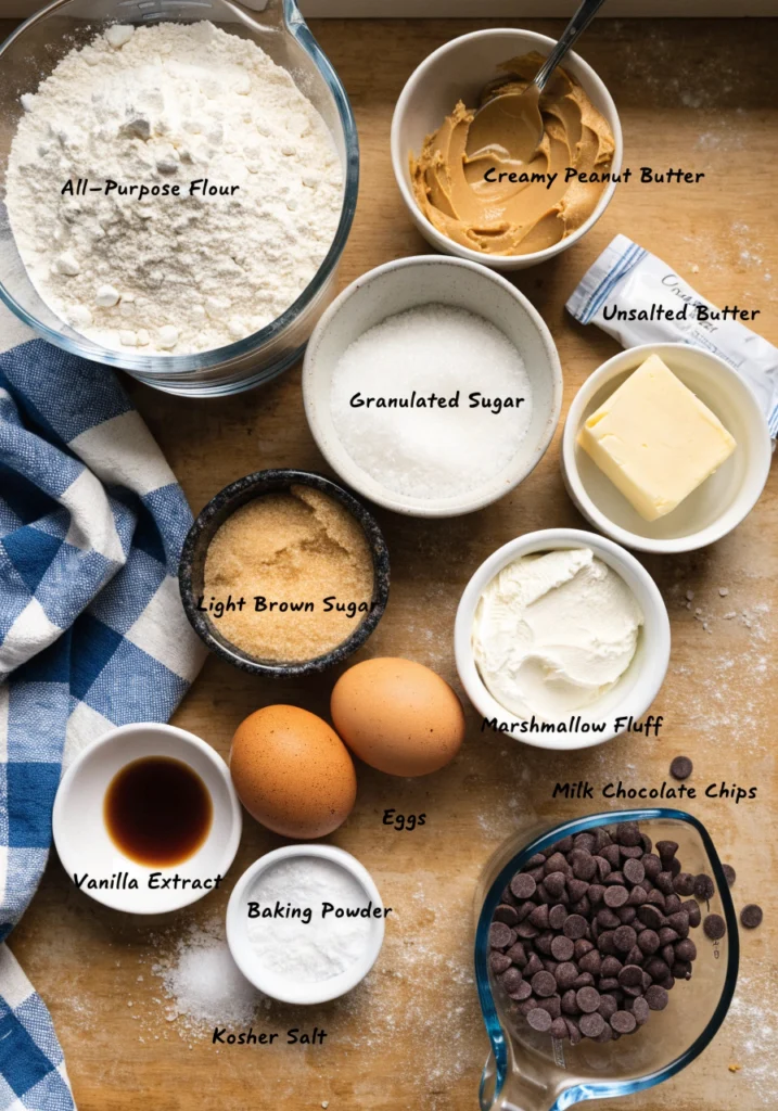 Ingredients for peanut butter s’mores sandwich cookies arranged on a kitchen counter