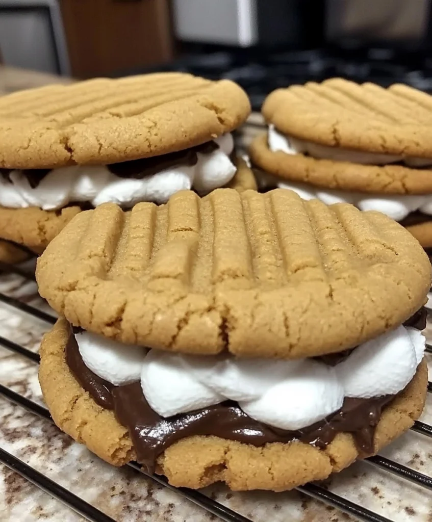 Peanut butter s’mores sandwich cookies with marshmallow and melted chocolate filling