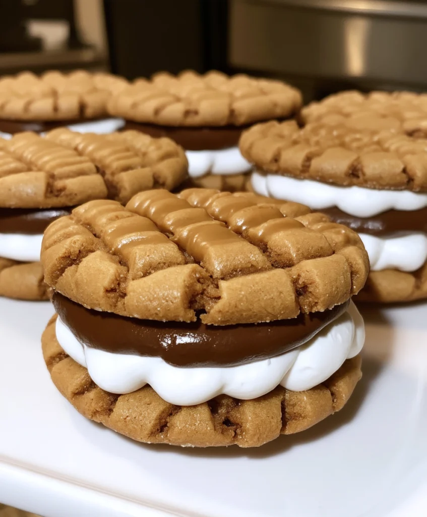 Peanut butter s’mores sandwich cookie filled with chocolate and marshmallow
