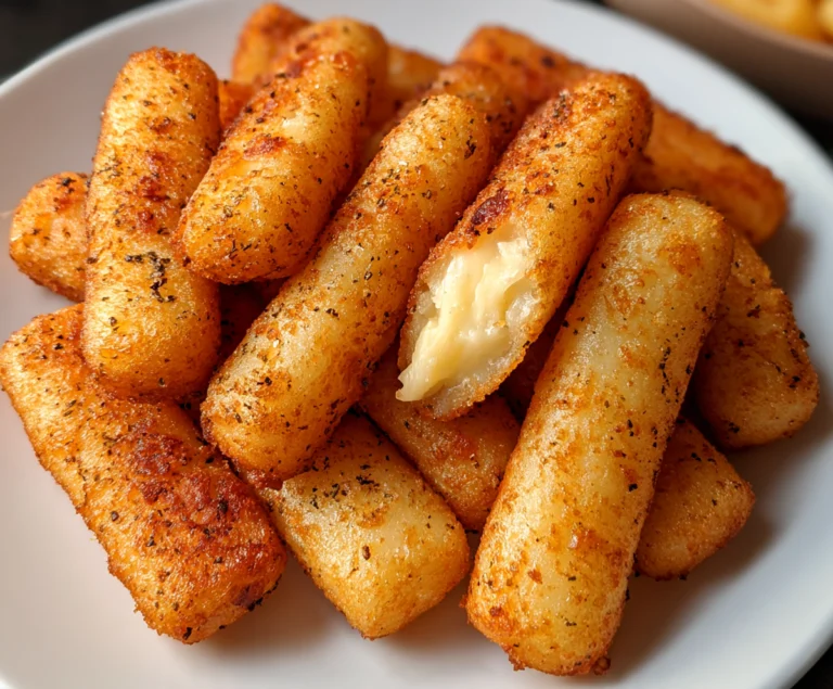 Crispy potato cheese sticks with a golden exterior and melted cheese center