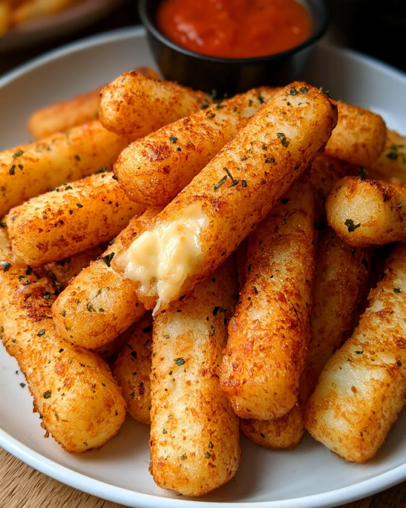 Golden potato cheese sticks with melted mozzarella and marinara sauce for dipping