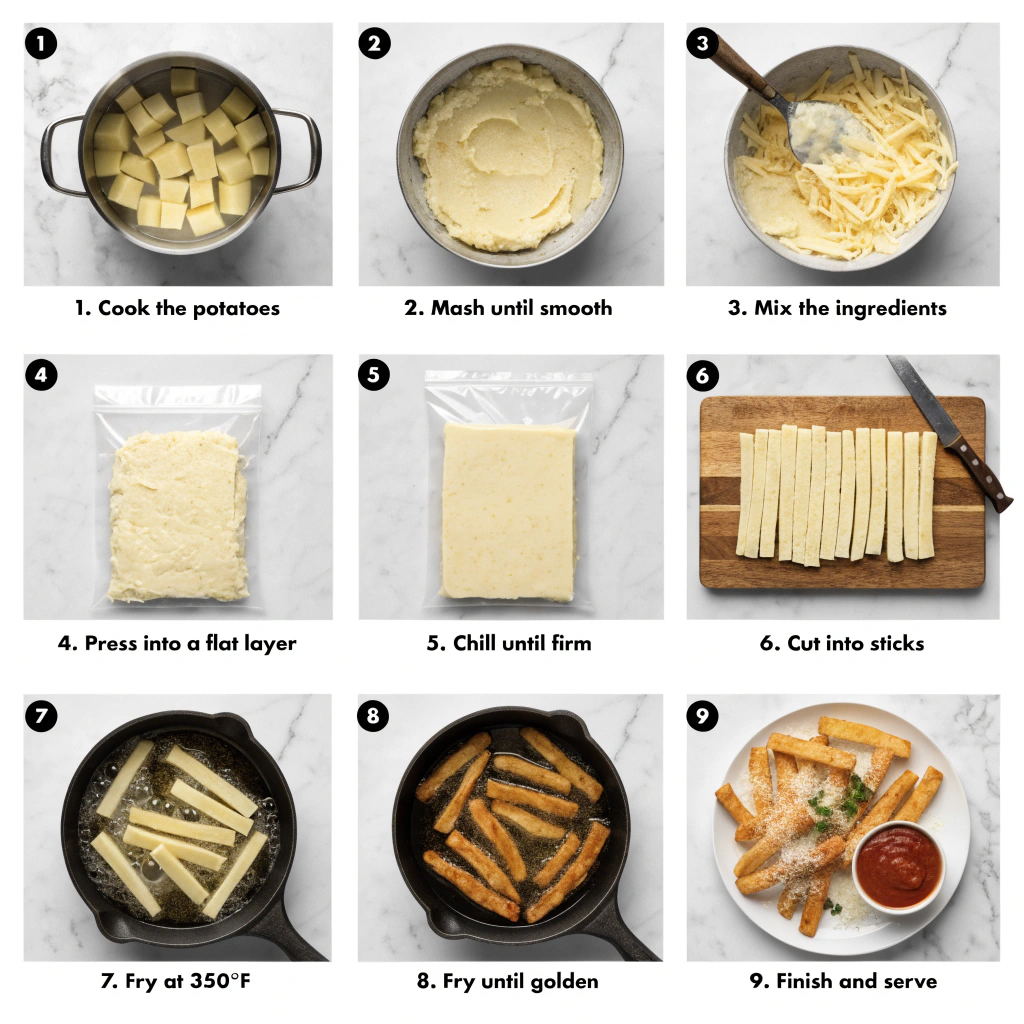 Step-by-step process for making potato cheese sticks from mashed potatoes, mozzarella, and cornstarch