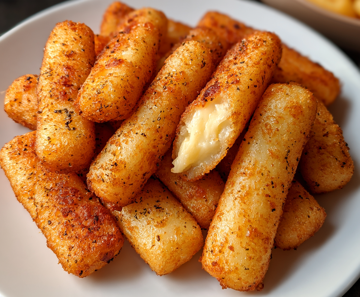Crispy potato cheese sticks with a golden exterior and melted cheese center