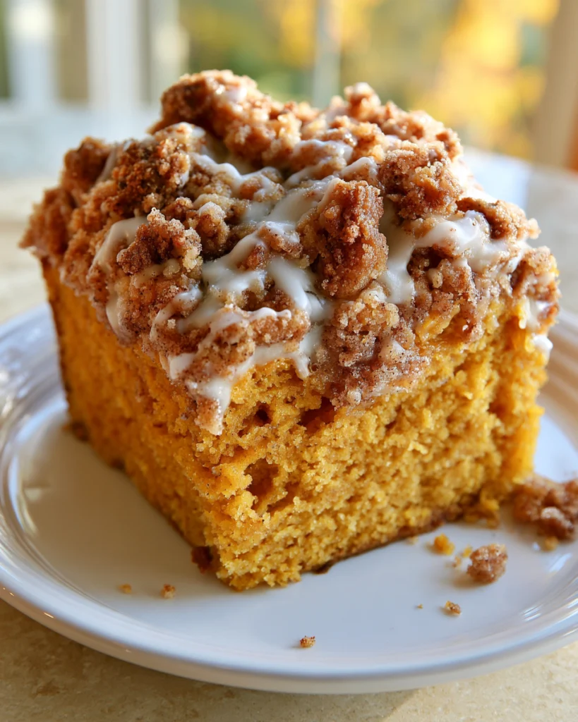 Slice of pumpkin coffee cake with cinnamon streusel and vanilla icing