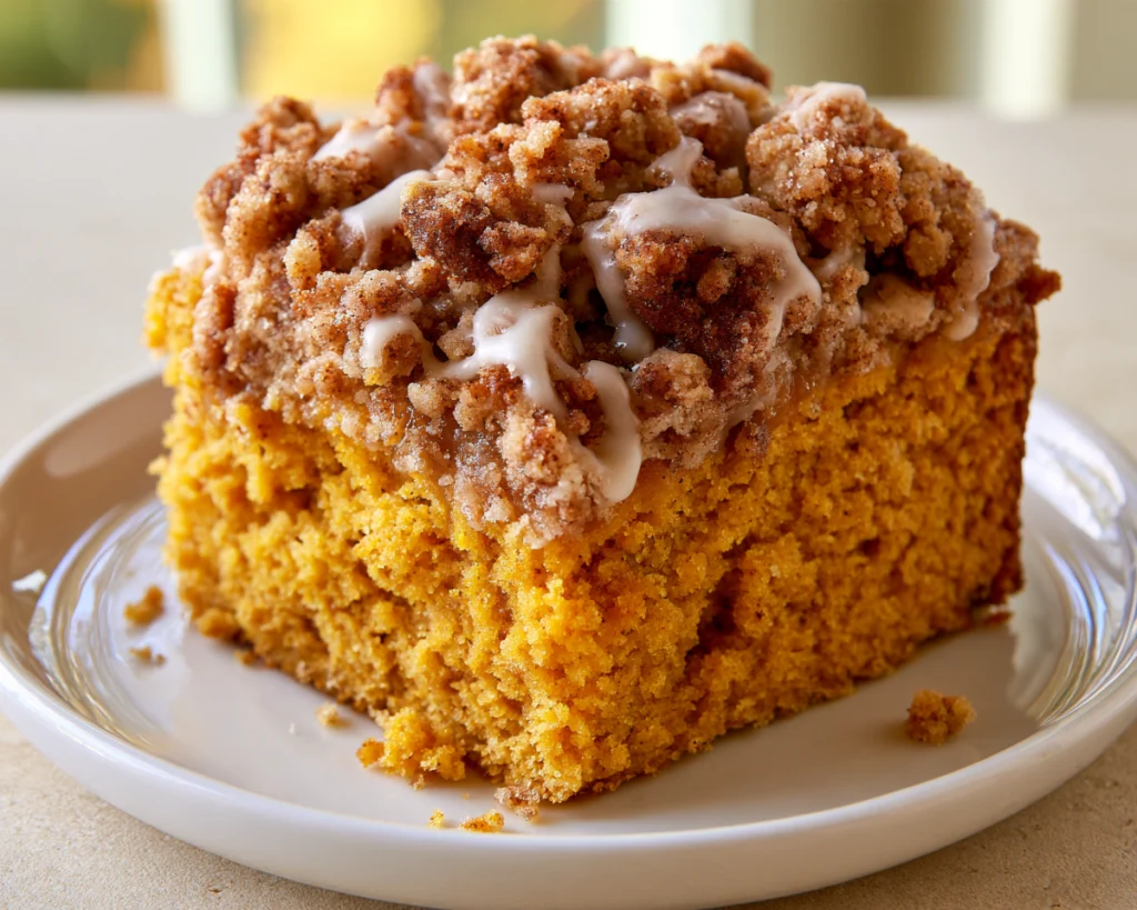 Pumpkin coffee cake slice topped with cinnamon streusel and vanilla icing
