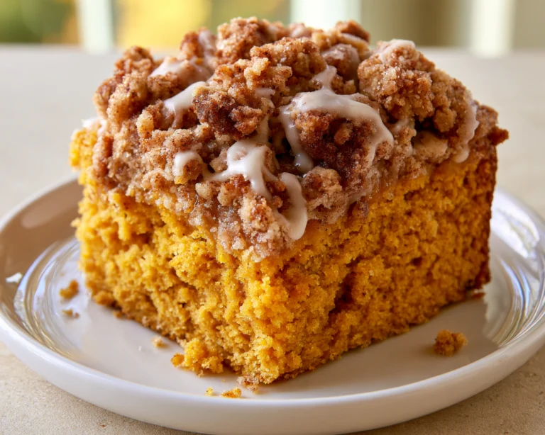 Pumpkin coffee cake slice topped with cinnamon streusel and vanilla icing