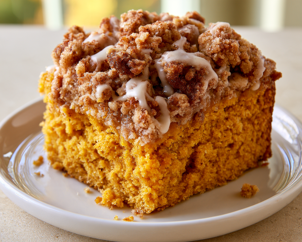 Pumpkin coffee cake slice topped with cinnamon streusel and vanilla icing
