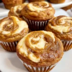 Pumpkin cream cheese muffins with creamy swirls on top